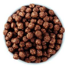 Bowl of chocolate cereal balls isolated on a transparent background. Crispy breakfast food rich in cocoa flavor.