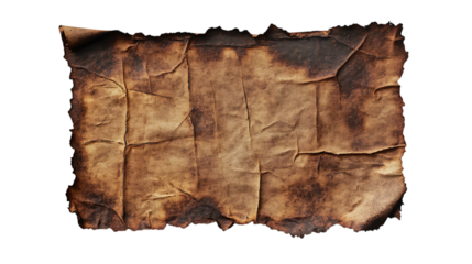 An aged, burnt piece of paper with frayed edges, evoking a vintage and historical ambiance. Ideal for backgrounds or themed designs. Isolated on a transparent background, png. --ar 16:9