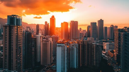 Fototapeta premium A dreamy cityscape at dusk, featuring luxury residential buildings, vibrant lights, and a golden sunset.