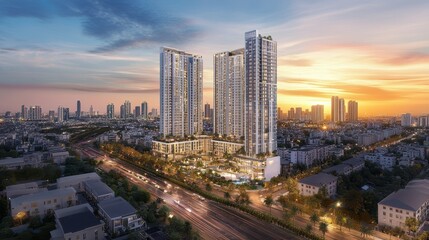 A dreamy cityscape at dusk, featuring luxury residential buildings, vibrant lights, and a golden sunset.