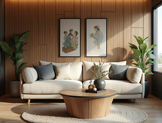 Beige sofa against wooden paneling wall with black decor. Japandi boho style interior design of modern living room. 