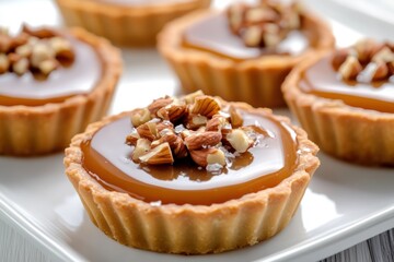 caramel tarts with pecans and sea salt on a plate