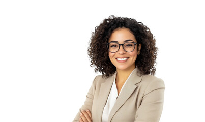 Smart & Confident Professional: A portrait of a beautiful, smiling woman with curly hair, wearing eyeglasses and a stylish blazer, radiating competence and approachability.
