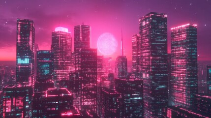 Obraz premium A dynamic city skyline with futuristic high-rise apartments, glowing brightly as night falls.