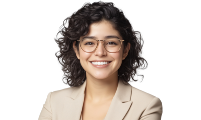 Confident Professional Portrait: A cheerful portrait of a sophisticated businesswoman wearing eyeglasses, radiating warmth and approachability, presenting an image of competence and professionalism.