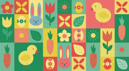 Colorful geometric Easter pattern with bunnies, chicks, decorated eggs, flowers, carrots, and leaves, perfect for decorations, banners, and greeting cards. Vector abstract geometric background