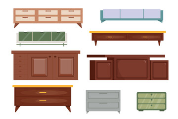 Set of beautiful nightstands, tables in cartoon style. Vector illustration of modern tables of different shapes and sizes isolated on white background. Interior elements. Home and office furniture.