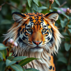 Fototapeta premium Tiger, portrait, animal, mammal, wildlife, feline, face, head, carnivore, predator, wild, looking at frame. Majestic tiger is staring from leaves with serenity