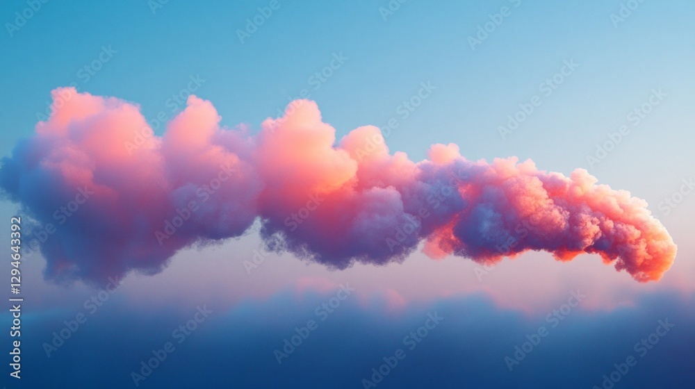 Poster puffy pastel clouds float leisurely in a serene sky at twilight, casting a warm glow over the horizo