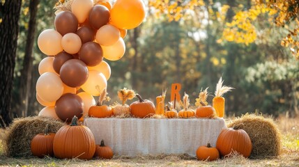 Autumn themed party decorations with pumpkins hay bales and balloons in a forest setting