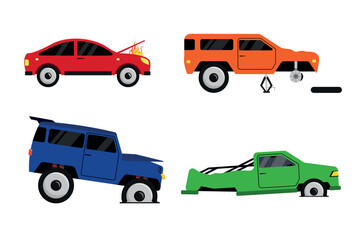Set of damaged cars in cartoon style. Vector illustration of repairing broken cars: fire from under the hood, removed wheel, punctured wheel, disassembled isolated on white background. Car accidents.