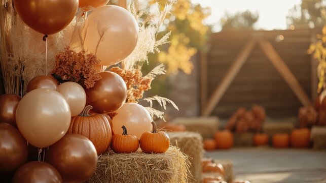 Autumn themed party decorations with balloons pumpkins and hay bales, for fall festive celebrations
