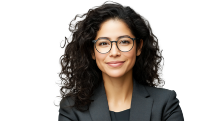 Confident Woman: Portrait of a smart, professional woman with glasses, radiating confidence and approachability, a study in success.