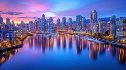 Fototapeta premium A high-angle view of a sprawling modern city, with residential skyscrapers casting reflections in the river at dusk.