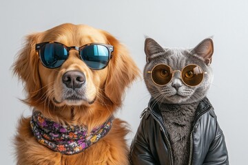 Fototapeta premium Ultimate pet style icons! A golden retriever and a gray cat rocking sunglasses and stylish outfits, radiating confidence and charm.