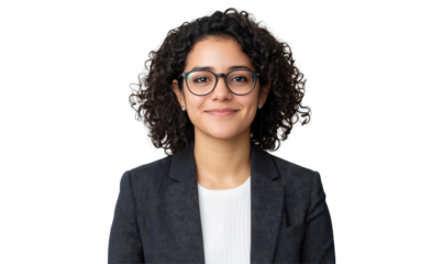 Radiant Confidence: A portrait of a professional woman with a warm, genuine smile, wearing glasses and formal business attire, exuding approachability and competence.