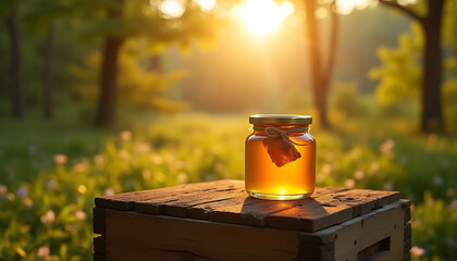 Wildflower Honey Jar Balancing on a Beehive in a Misty Autumn Forest, Honey and herbs, created with generative ai