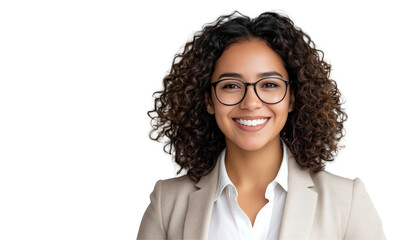 Smiling Business Woman with Glasses: A portrait of a friendly, confident woman, showcasing her positive attitude and professional appearance.