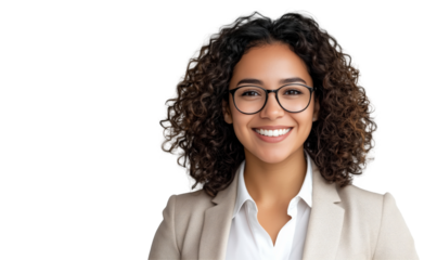 Smiling Business Woman with Glasses: A portrait of a friendly, confident woman, showcasing her positive attitude and professional appearance.