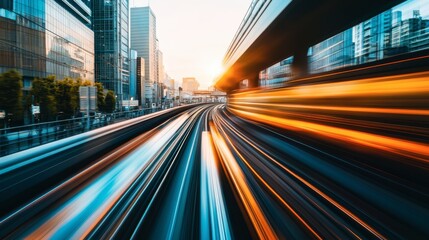 Fototapeta premium A high-speed bullet train zooming along elevated tracks, showcasing the future of modern transportation.