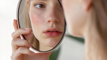 Young woman closely examining facial skin, holding small mirror with worried look, checking complexion for blemishes and imperfections