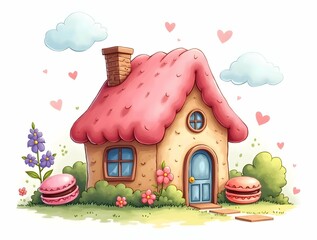  whimsical cartoon house with macarons, featuring watercolor style, evoking a sweet, fairytale charm and playful illustration