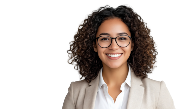 Smiling Business Woman with Glasses: A portrait of a friendly, confident woman, showcasing her positive attitude and professional appearance.