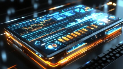 A high-tech business notebook with futuristic stock market holograms above the keyboard.