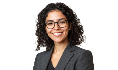 Confident Professional: A headshot portrait of a sophisticated woman with curly dark hair, eyeglasses, and a warm smile, wearing a smart suit, exuding professionalism and approachability.