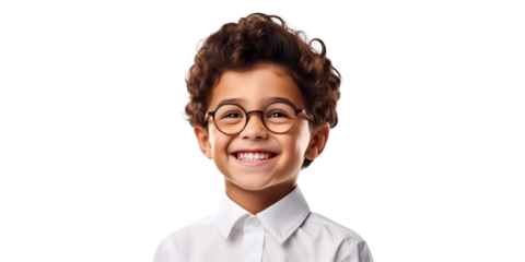 Radiant Young Scholar: Portrait of a cheerful young boy wearing glasses, exuding innocence and intellectual curiosity with a bright smile and gentle eyes.