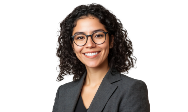 Confident Professional: A headshot portrait of a sophisticated woman with curly dark hair, eyeglasses, and a warm smile, wearing a smart suit, exuding professionalism and approachability.