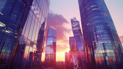 Naklejka premium Futuristic Corporate Skyline at Dusk with Glass Skyscrapers