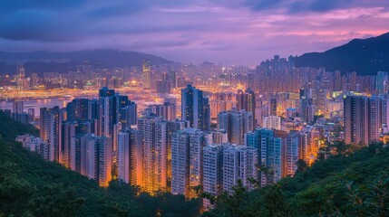 Obraz premium A lively evening scene of a modern city, high-rise residential towers standing tall under a soft-lit sky.