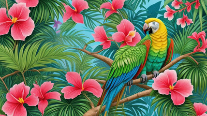 A vibrant illustration depicts a colorful macaw perched on a branch surrounded by lush tropical foliage and bright pink hibiscus flowers. 