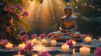 Buddha Statue with Candles. Golden Buddha statue surrounded by flowers and glowing candles, creating a peaceful ambiance for Wesak Day celebrations.