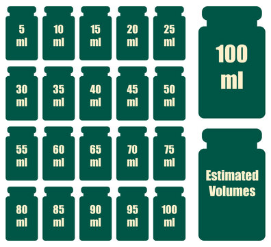 Set of l-mark liter signs for packaging. Labels for prepacked food and liquid products. Estimated volumes range from 5ml to 100ml.