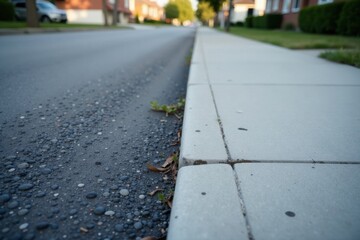 A Subtle Division Asphalt Road Meets Concrete Sidewalk, Showing Texture and Contrast of Urban Infrastructure
