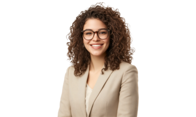 The Confident Professional: A beautiful woman with curly brown hair, glasses, and a blazer, emanating warmth and intelligence. A perfect representation of a modern professional in a clean.