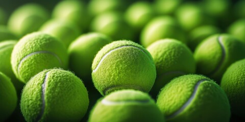 Bright green tennis balls arranged closely on a surface, showcasing their texture and vibrant color