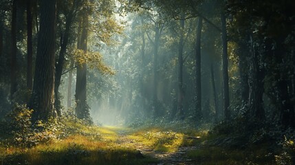 Obraz premium Sunlit path through a misty, green forest.