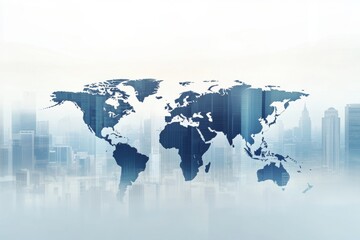 World map with global stock market charts and city background, double exposure photography, blurred background financial growth concept Generative AI