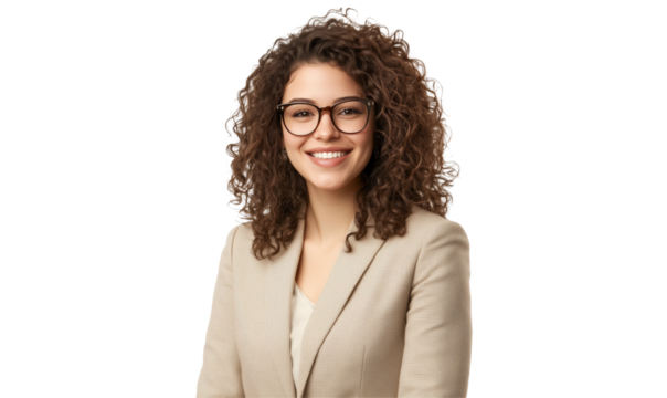 The Confident Professional: A beautiful woman with curly brown hair, glasses, and a blazer, emanating warmth and intelligence. A perfect representation of a modern professional in a clean.