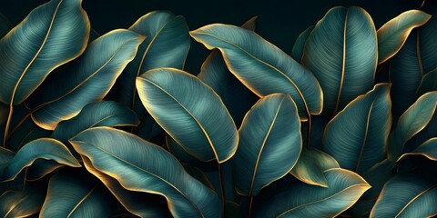 Golden and teal tropical leaves creating a luxurious pattern