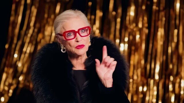 Elegant senior lady pointing at herself and counting on golden background