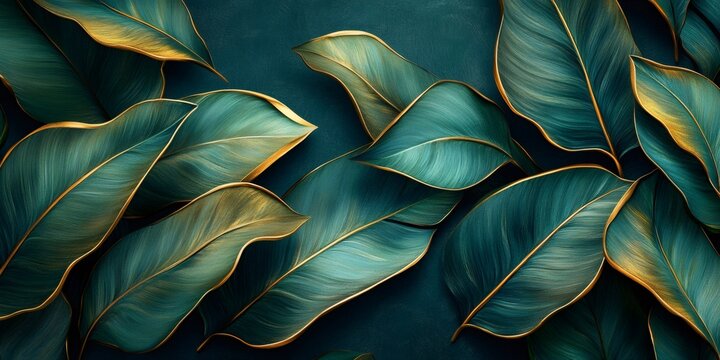 Fototapeta Luxurious green leaves with golden edges creating elegant pattern
