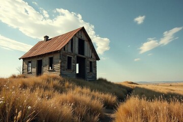 Obraz premium A weathered wooden farmhouse, abandoned and decaying, stands solitary amidst tall, dry grass under a vast, serene sky