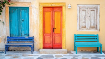 A mix of brightly painted doors and benches, contrasting with beige walls, adding a touch of whimsy to the architectural space.