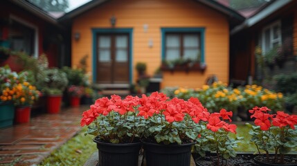 Naklejka premium Colorful garden beds by rain-touched cabins