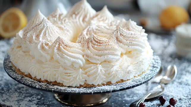 A close-up of a beautifully crafted lemon meringue cake topped with fluffy swirls of whipped cream, lightly dusted with powdered sugar and a hint of cinnamon