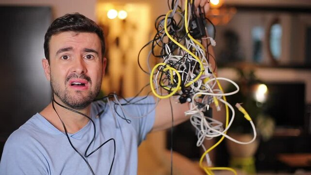 Frustrated man holding lots of wires